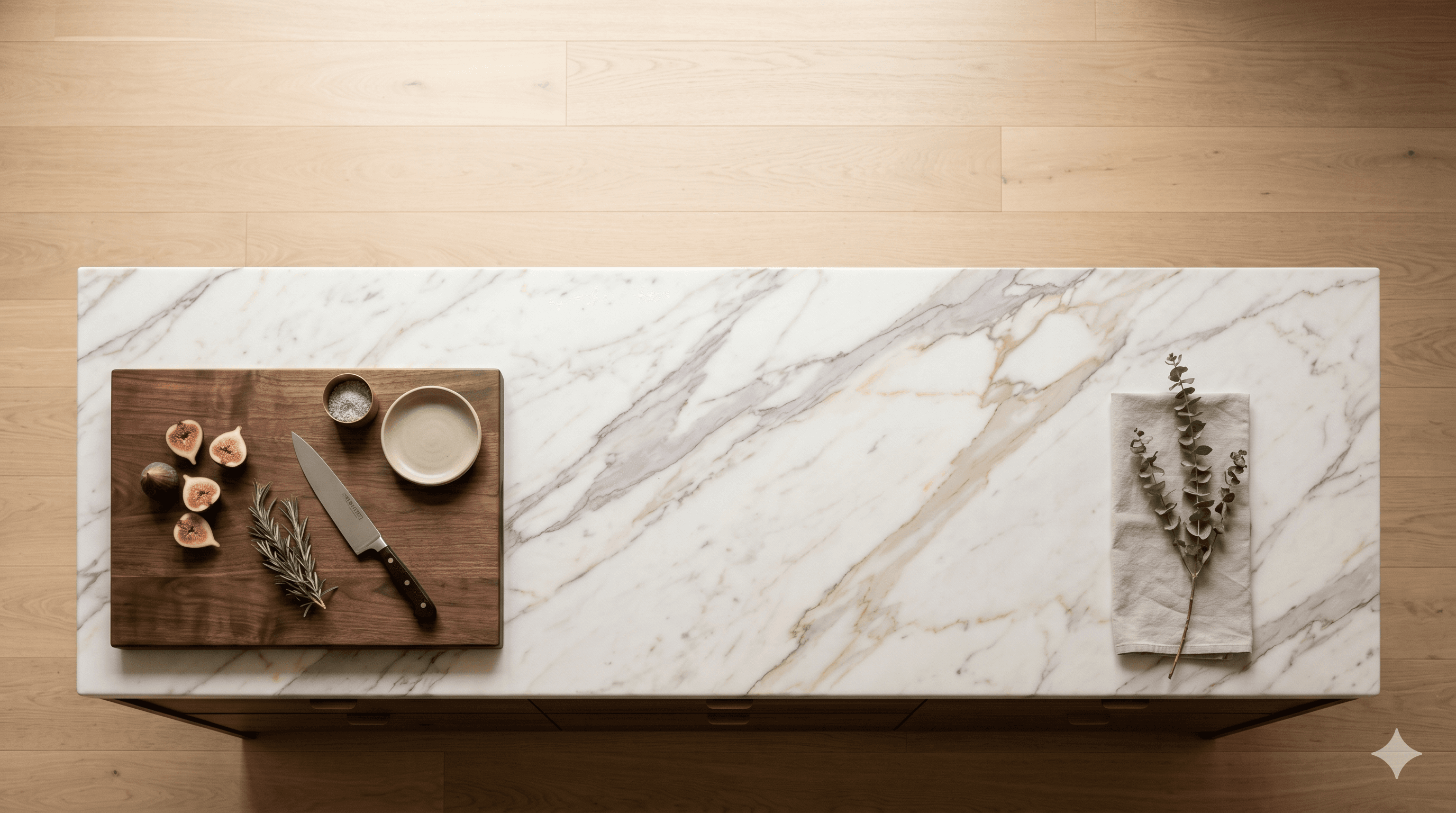 Custom Vitrin Signature kitchen with honed Calacatta marble island