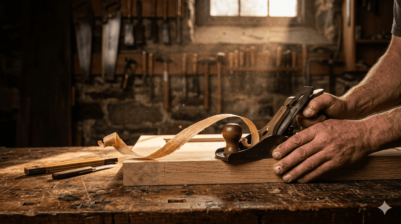 Craftsman hand-planing white oak in the Vitrin Cabinetry workshop in Easton, PA