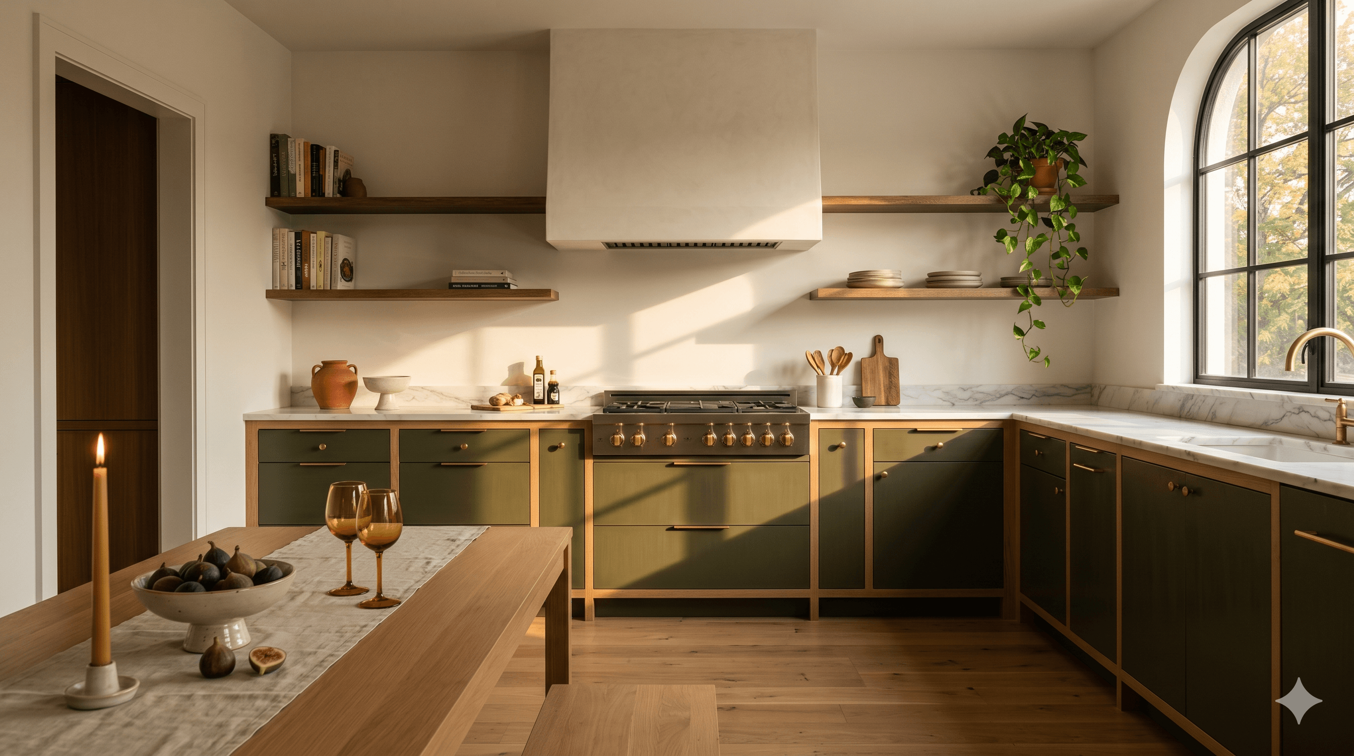 Heritage green custom kitchen cabinets, bench-finished by Vitrin Cabinetry