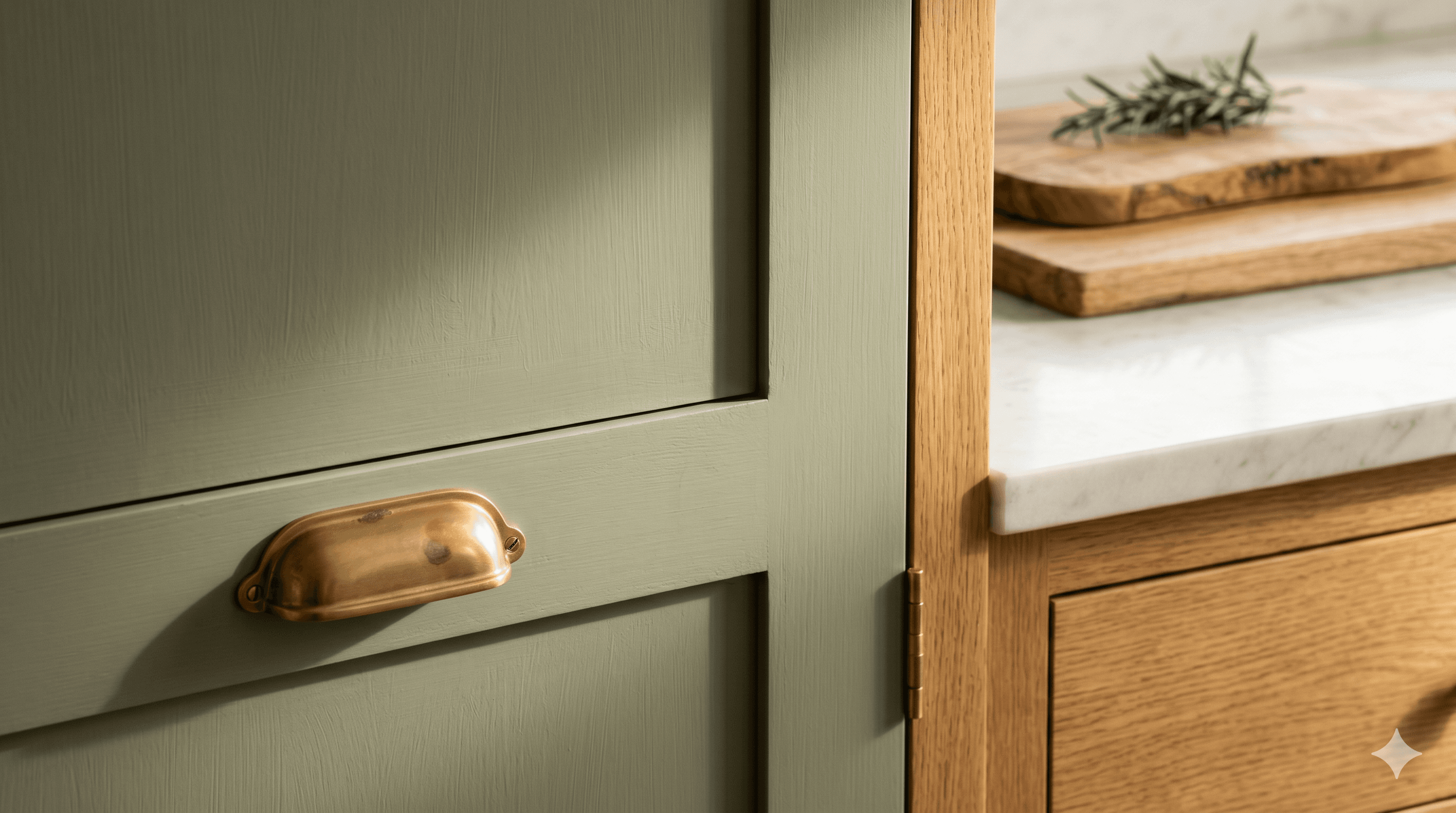 Close-up of a sage inset cabinet door with brass cup pull